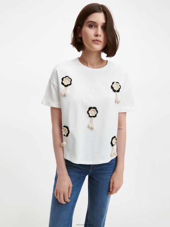 alb Reserved femei îmbrăcăminte tricou cu model brodat 648HZ454