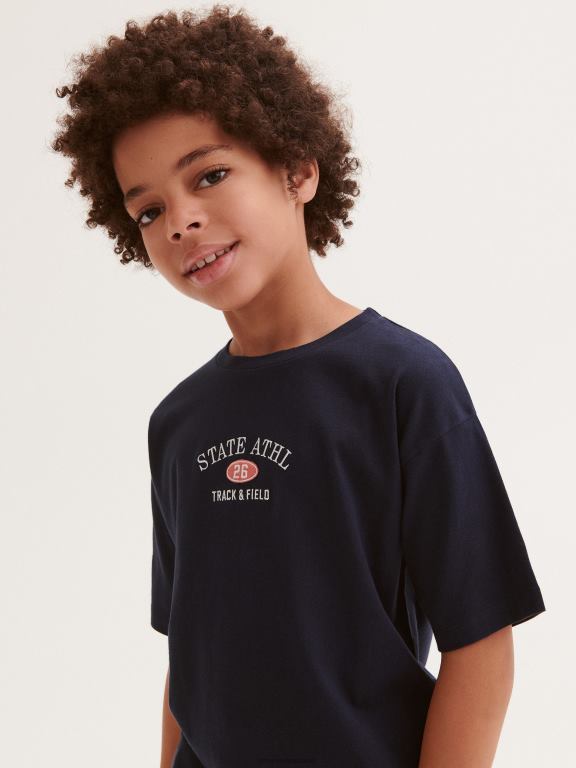 albastru oțel Reserved băieți îmbrăcăminte tricou cu detalii de broderie 648HZ2015