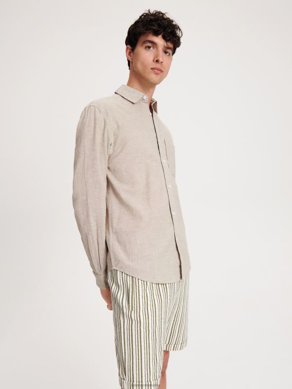 bej Reserved bărbați îmbrăcăminte cămașă bogată în in cu potrivire regulată 648HZ1353