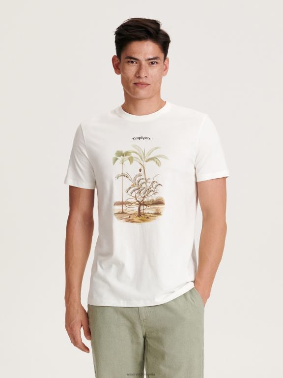 cremă Reserved bărbați îmbrăcăminte tricou regulat cu imprimeu 648HZ1321