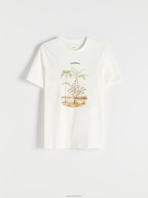 cremă Reserved bărbați îmbrăcăminte tricou regulat cu imprimeu 648HZ1321