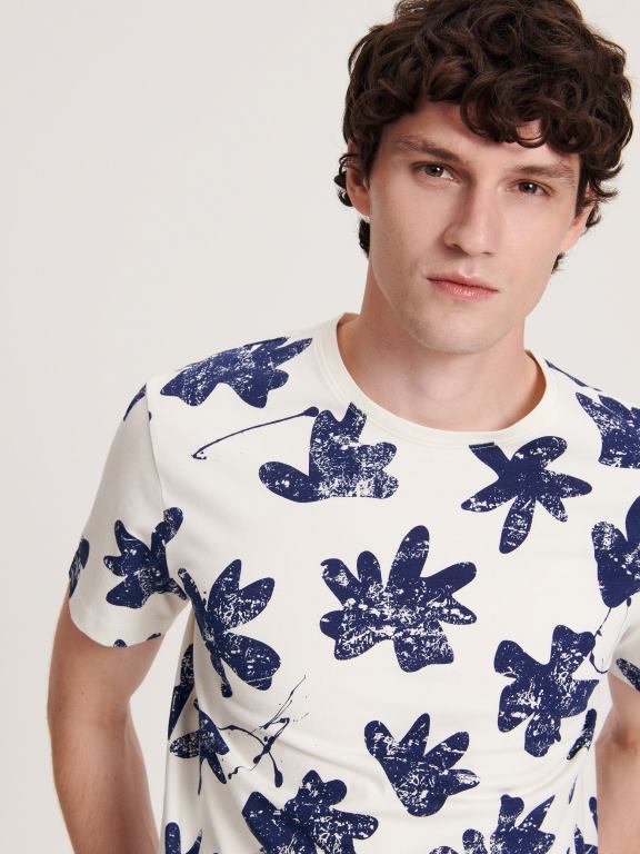 cremă Reserved bărbați îmbrăcăminte tricou regulat cu imprimeu 648HZ1322