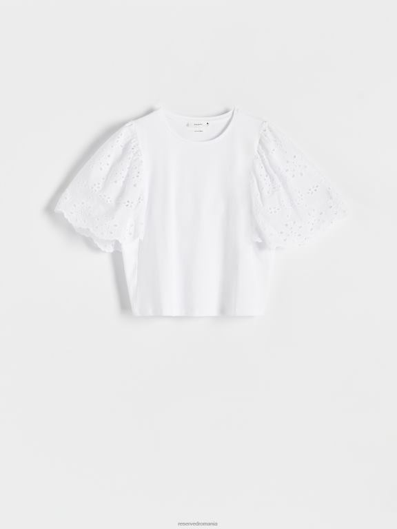 cremă Reserved femei îmbrăcăminte tricou cu mâneci din broderie engleză 648HZ482