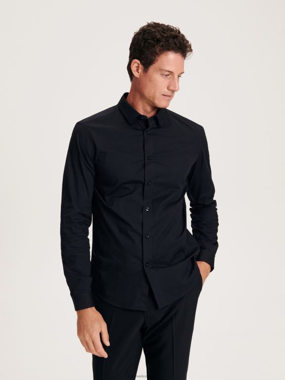 negru Reserved bărbați îmbrăcăminte cămașă slim fit din bumbac bogat 648HZ1405