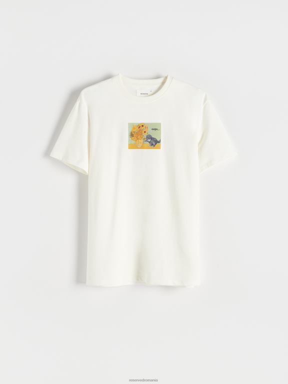 cremă Reserved bărbați îmbrăcăminte tricou regulat cu imprimeu 648HZ1307