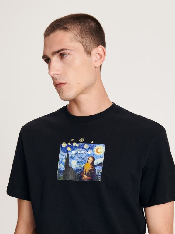 negru Reserved bărbați îmbrăcăminte tricou confortabil cu imprimeu regulat 648HZ1152