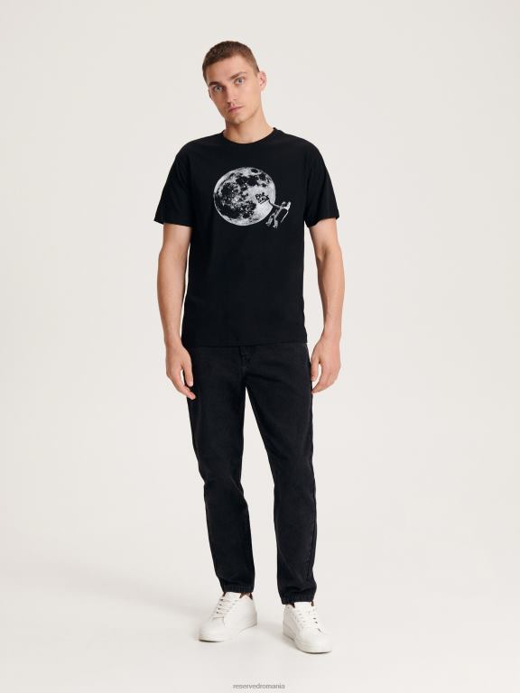 negru Reserved bărbați îmbrăcăminte tricou confortabil cu imprimeu regulat 648HZ1196