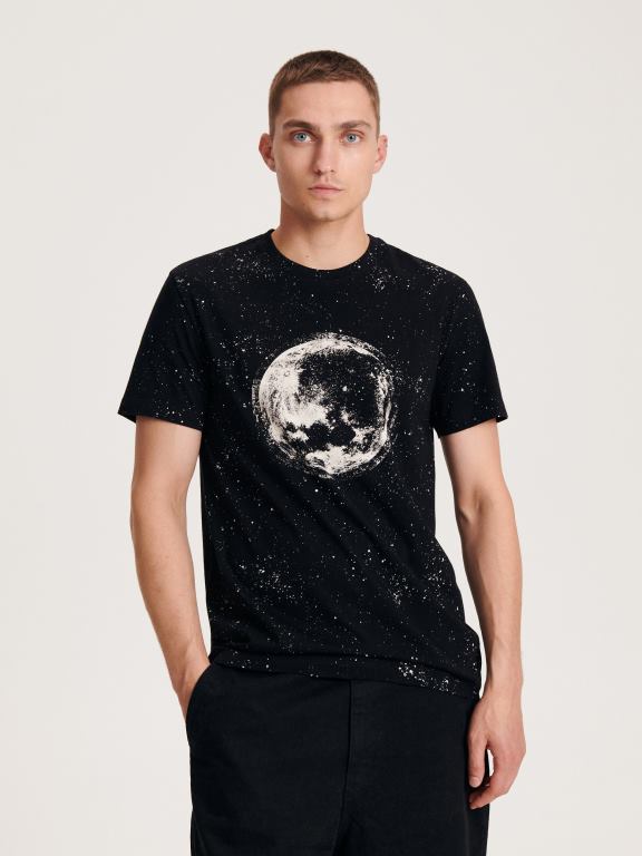 negru Reserved bărbați îmbrăcăminte tricou confortabil cu imprimeu regulat 648HZ1198