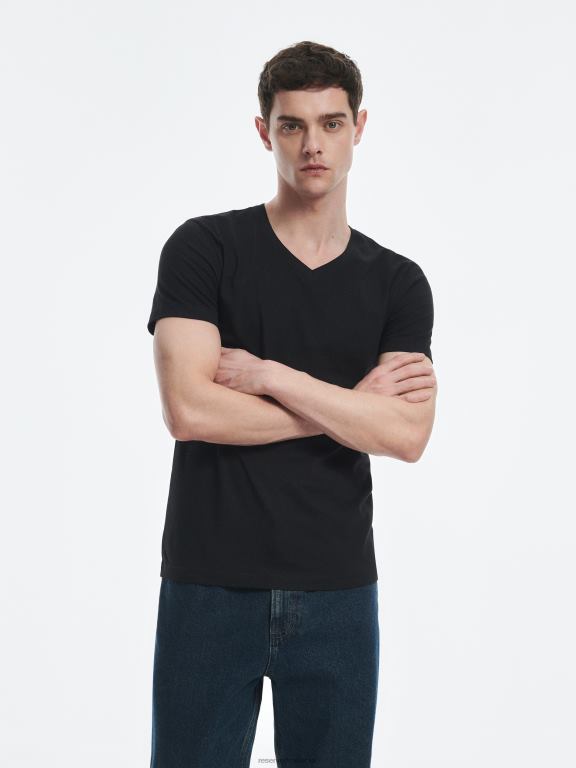 negru Reserved bărbați îmbrăcăminte tricou slim fit cu decolteu in V 648HZ1187