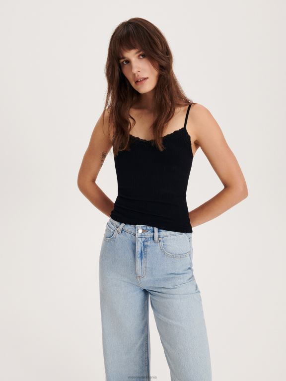 negru Reserved femei îmbrăcăminte top cu dantela 648HZ432