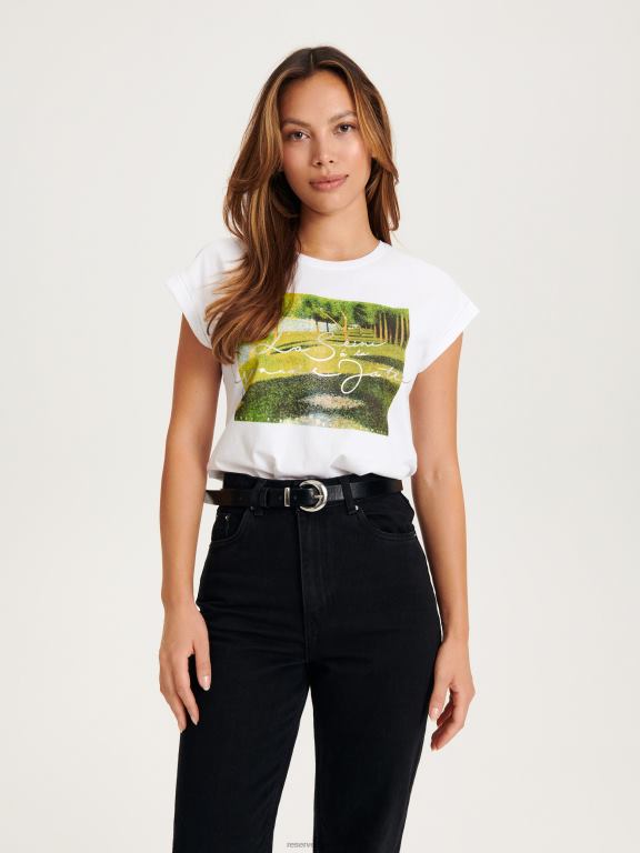 alb Reserved femei îmbrăcăminte tricou kimono cu imprimeu 648HZ14