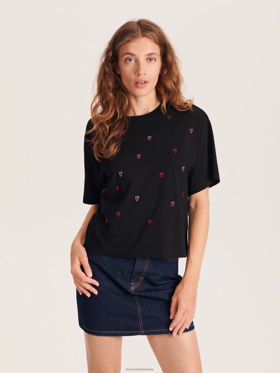negru Reserved femei îmbrăcăminte tricou regulat cu broderie 648HZ415
