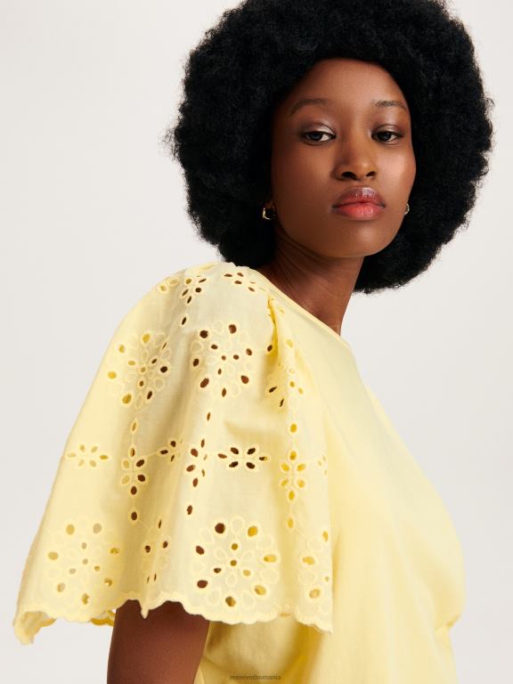 lumină galbenă Reserved femei îmbrăcăminte tricou cu mâneci din broderie engleză 648HZ486