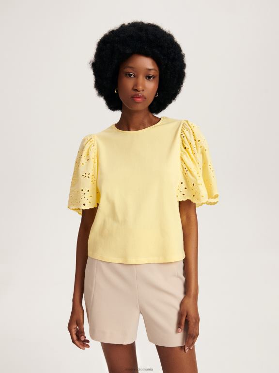 lumină galbenă Reserved femei îmbrăcăminte tricou cu mâneci din broderie engleză 648HZ486
