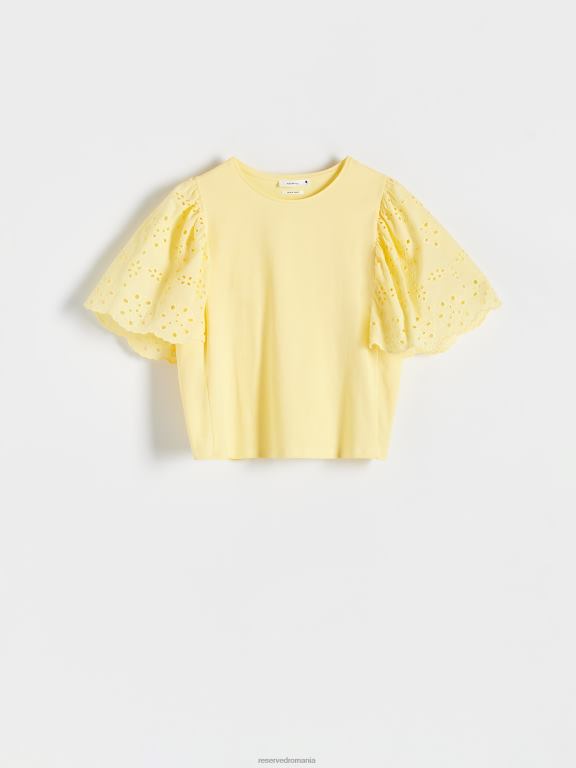 lumină galbenă Reserved femei îmbrăcăminte tricou cu mâneci din broderie engleză 648HZ486