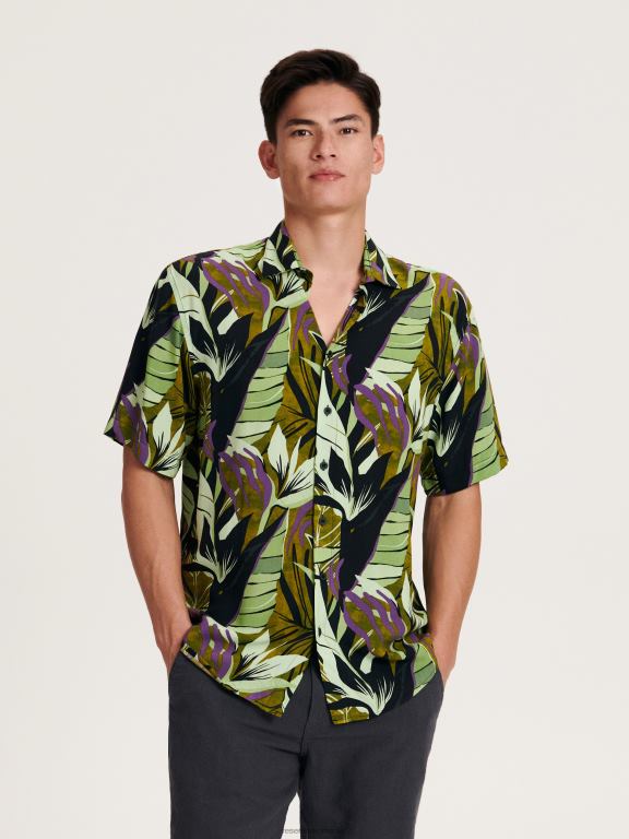 măsline ușor Reserved bărbați îmbrăcăminte cămașă din viscoză cu potrivire normală 648HZ1392