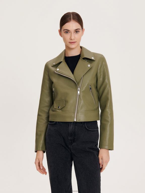măsline ușor Reserved femei îmbrăcăminte geacă de motociclist din imitație de piele 648HZ885