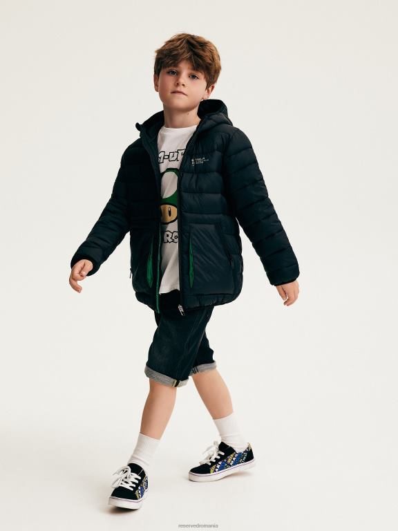 negru Reserved băieți îmbrăcăminte geacă matlasată cu glugă 648HZ2039