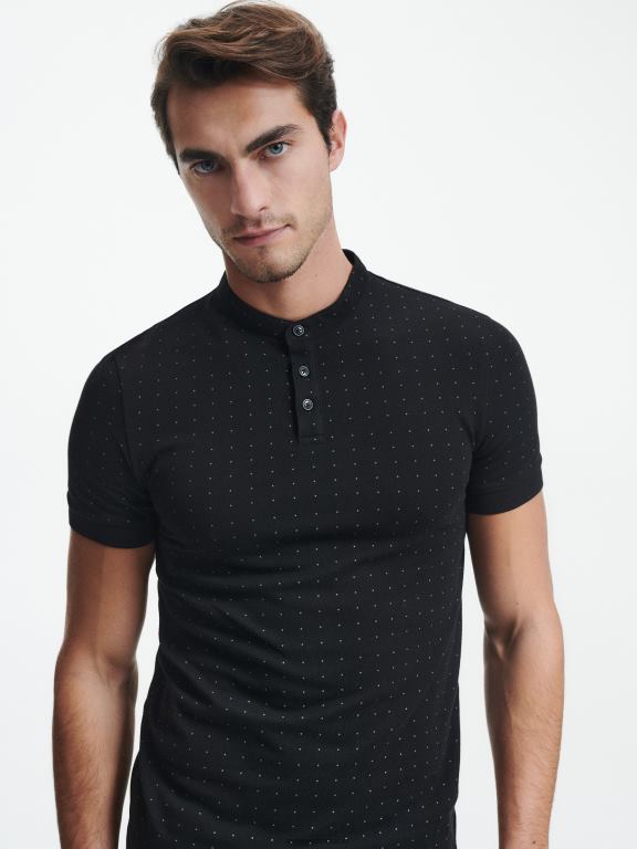 negru Reserved bărbați îmbrăcăminte Tricou polo slim fit cu guler ridicat 648HZ1333