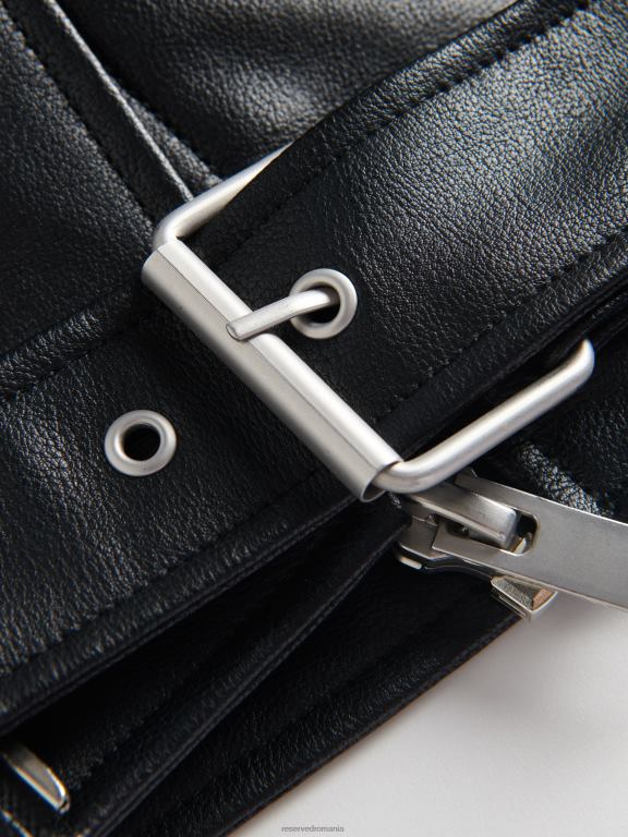 negru Reserved bărbați îmbrăcăminte geacă de motociclist din imitație de piele 648HZ1626