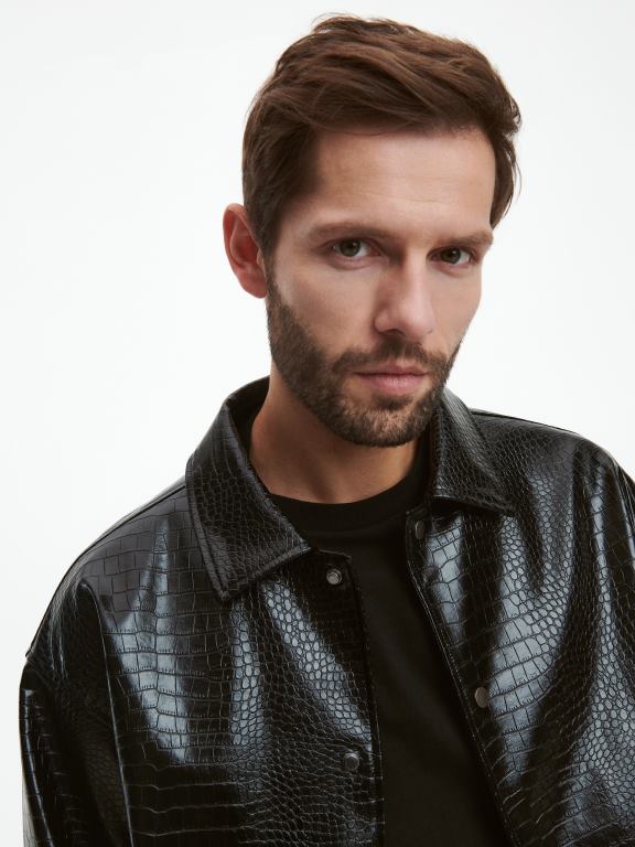 negru Reserved bărbați îmbrăcăminte jachetă bomber din imitație de piele 648HZ1638