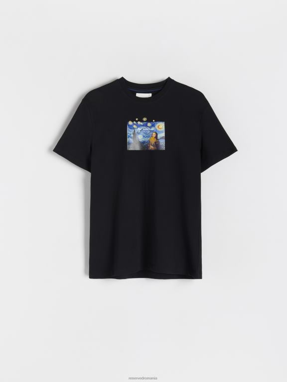 negru Reserved bărbați îmbrăcăminte tricou confortabil cu imprimeu regulat 648HZ1152