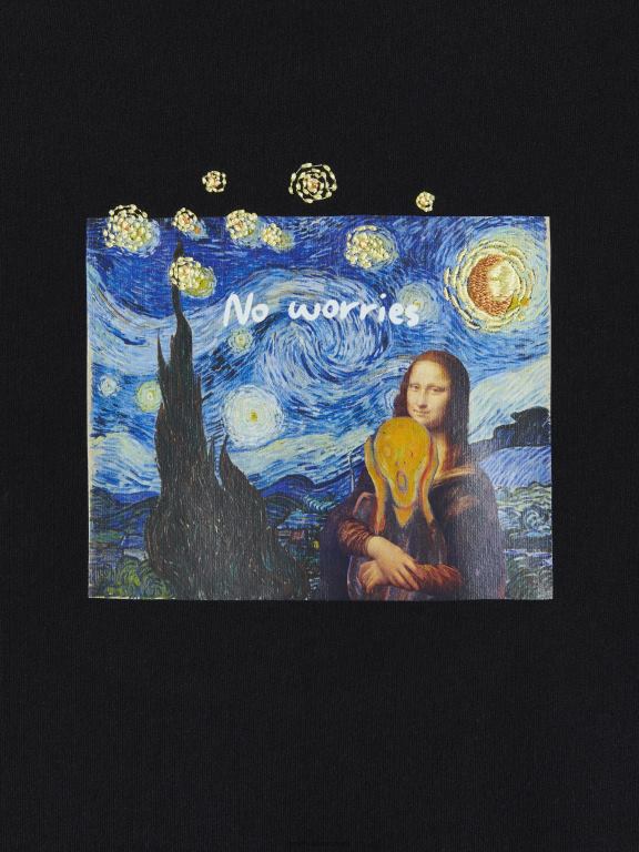 negru Reserved bărbați îmbrăcăminte tricou confortabil cu imprimeu regulat 648HZ1152