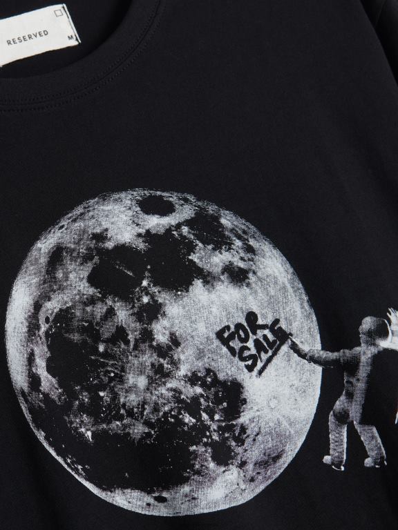 negru Reserved bărbați îmbrăcăminte tricou confortabil cu imprimeu regulat 648HZ1196