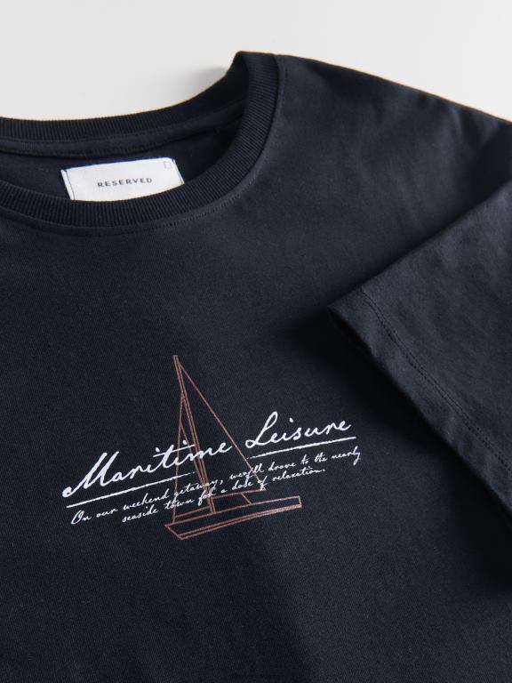 negru Reserved bărbați îmbrăcăminte tricou confortabil cu imprimeu regulat 648HZ1214