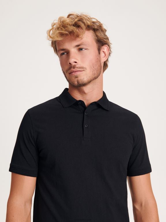 negru Reserved bărbați îmbrăcăminte tricou polo cu talie regulată 648HZ1089