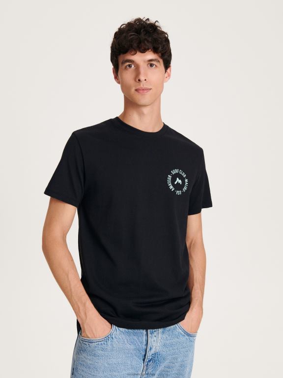 negru Reserved bărbați îmbrăcăminte tricou regulat cu imprimeu 648HZ1308