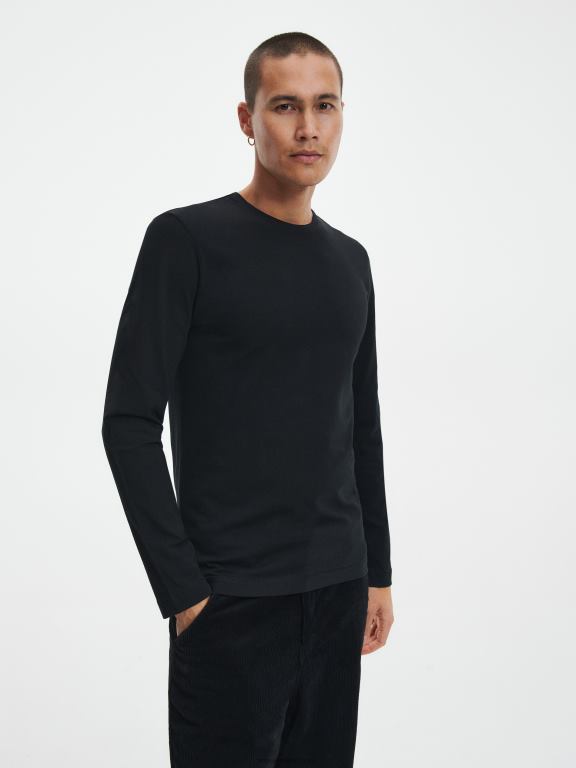 negru Reserved bărbați îmbrăcăminte tricou simplu cu mânecă lungă slim fit 648HZ1263