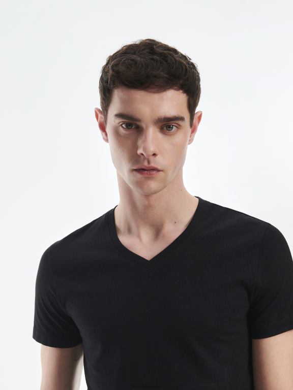 negru Reserved bărbați îmbrăcăminte tricou slim fit cu decolteu in V 648HZ1187