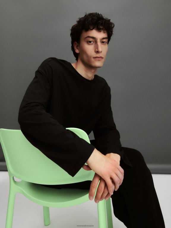 negru Reserved bărbați îmbrăcăminte tricou supradimensionat cu maneca lunga 648HZ1282