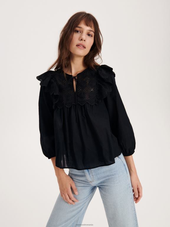 negru Reserved femei îmbrăcăminte bluză cu decolteu decorativ 648HZ99
