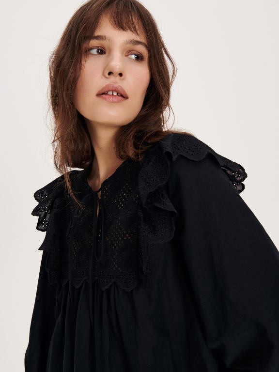 negru Reserved femei îmbrăcăminte bluză cu decolteu decorativ 648HZ99