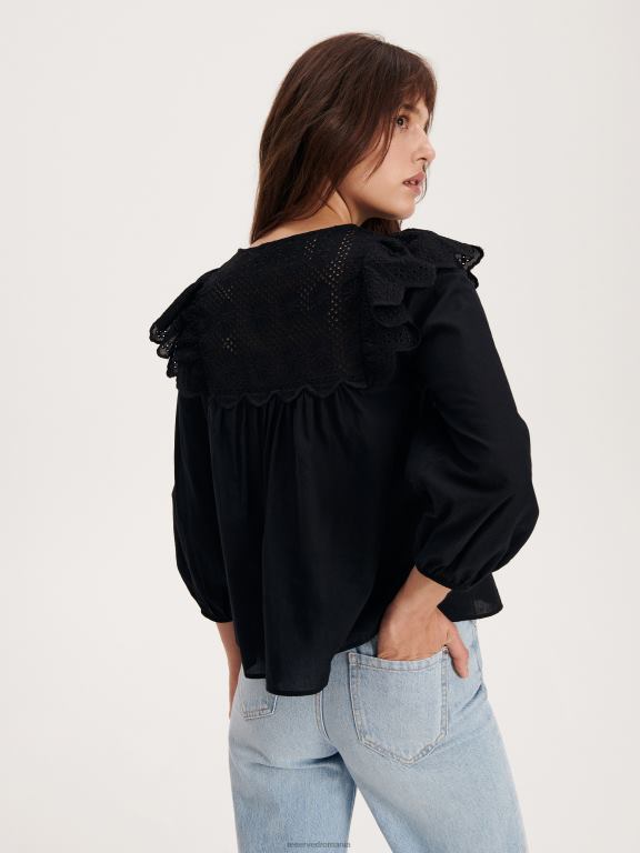 negru Reserved femei îmbrăcăminte bluză cu decolteu decorativ 648HZ99