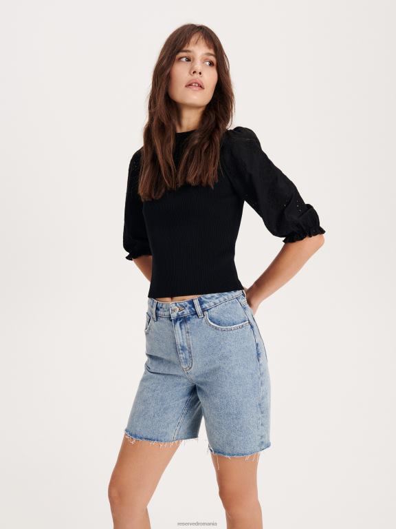 negru Reserved femei îmbrăcăminte bluză cu mâneci broderie engleză 648HZ300