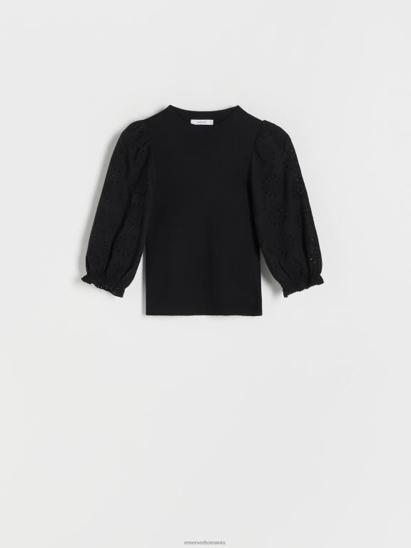 negru Reserved femei îmbrăcăminte bluză cu mâneci broderie engleză 648HZ300