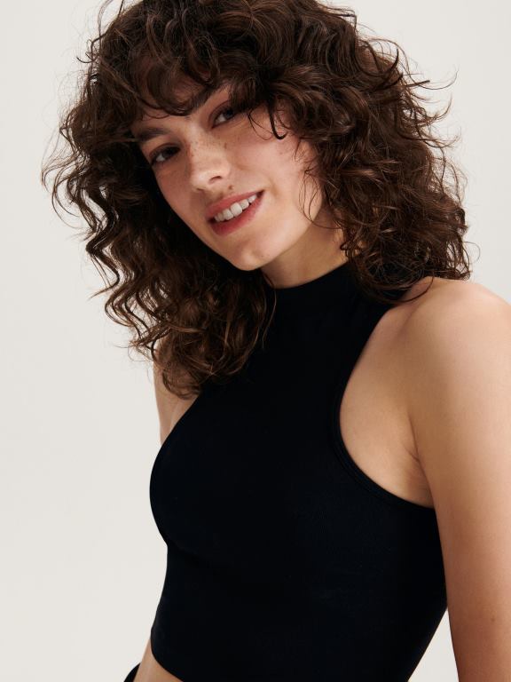 negru Reserved femei îmbrăcăminte crop top din jerseu fără cusături 648HZ526