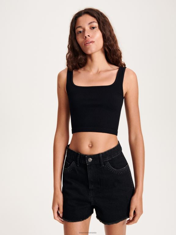 negru Reserved femei îmbrăcăminte crop top tricot în coastă 648HZ507