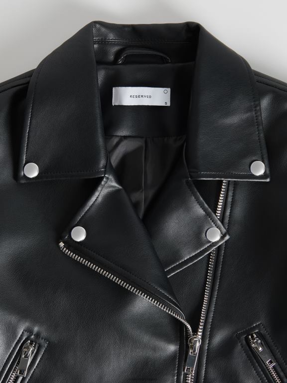 negru Reserved femei îmbrăcăminte geacă de motociclist din imitație de piele 648HZ868