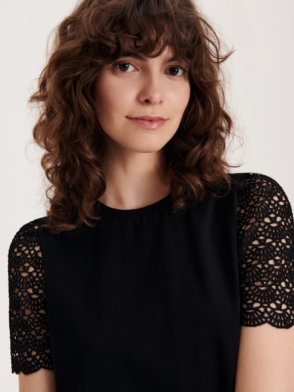 negru Reserved femei îmbrăcăminte tricou cu inserții pe scară 648HZ453