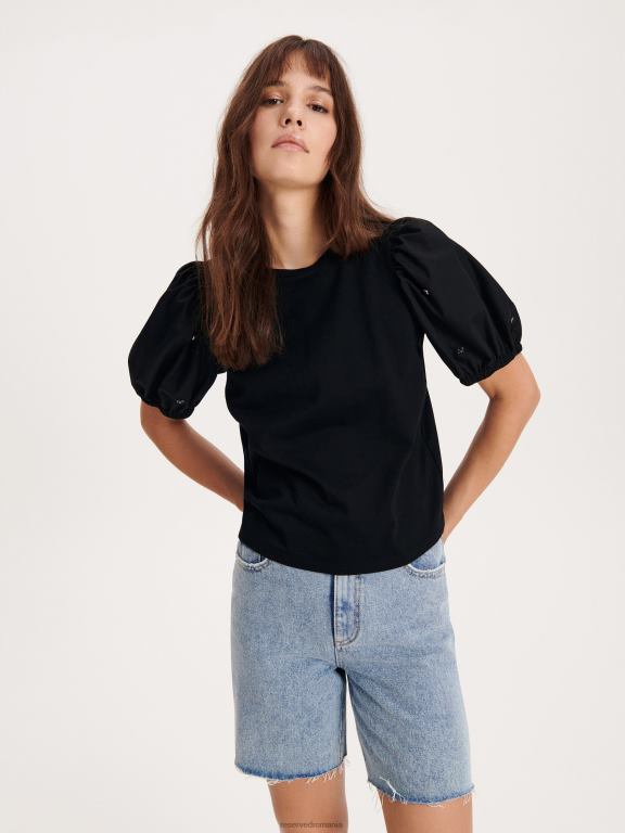 negru Reserved femei îmbrăcăminte tricou cu maneci bufante 648HZ379