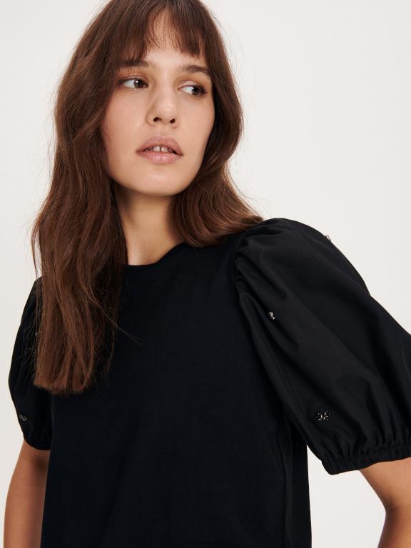 negru Reserved femei îmbrăcăminte tricou cu maneci bufante 648HZ379