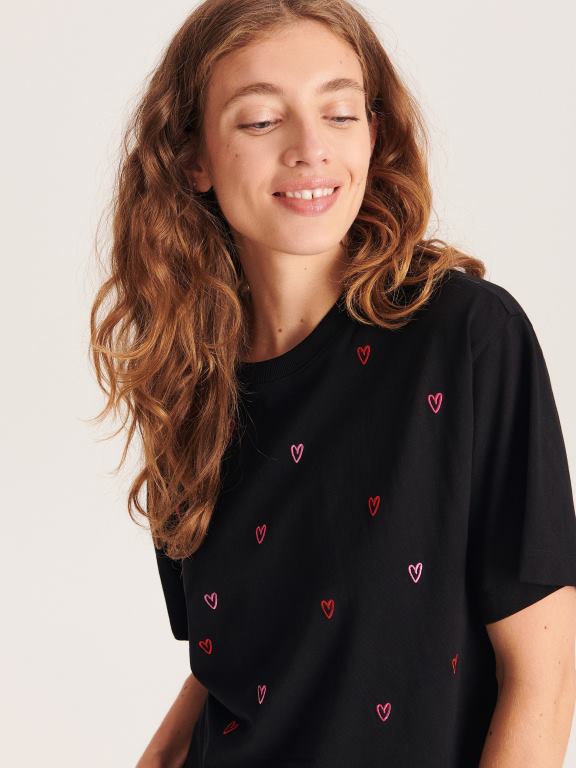 negru Reserved femei îmbrăcăminte tricou regulat cu broderie 648HZ415