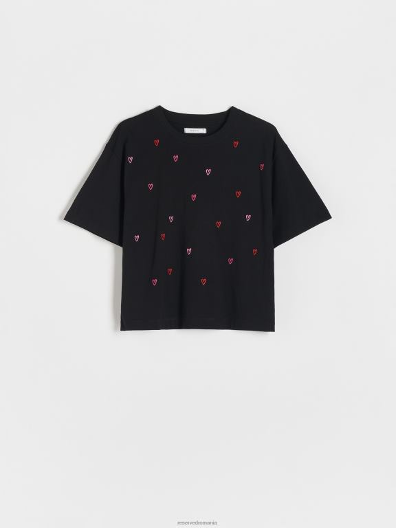 negru Reserved femei îmbrăcăminte tricou regulat cu broderie 648HZ415