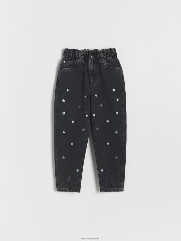 negru Reserved fetelor îmbrăcăminte blugi largi cu detalii de broderie 648HZ1903