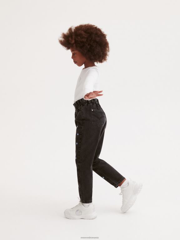 negru Reserved fetelor îmbrăcăminte blugi largi cu detalii de broderie 648HZ1950
