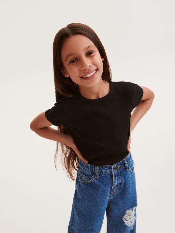 negru Reserved fetelor îmbrăcăminte tricou bogat din bumbac tricot în coastă 648HZ1850